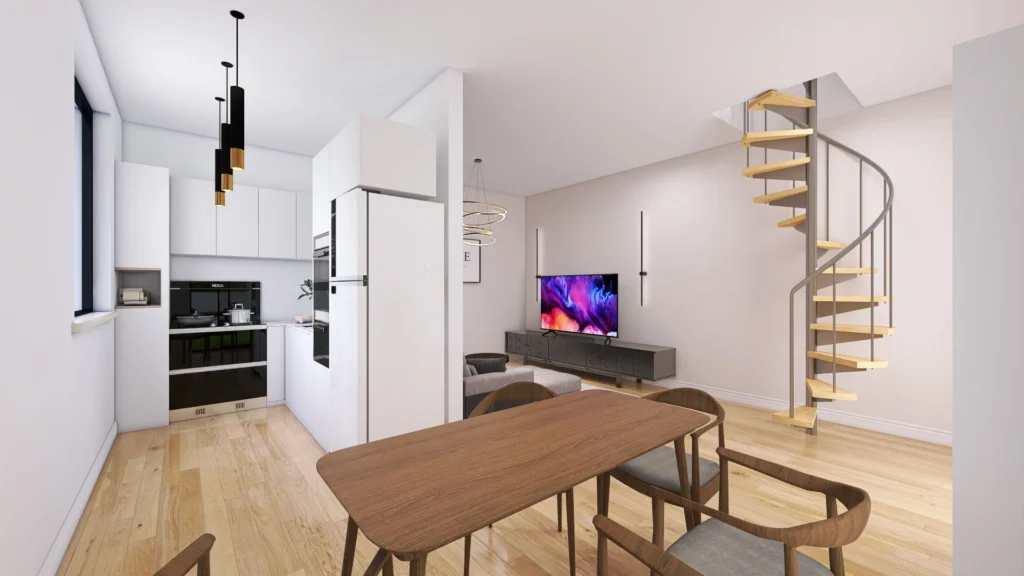 Rendering 3D Cucina e Salotto Bilocale su due piani in Via Giussano, Milano | Prosphera
