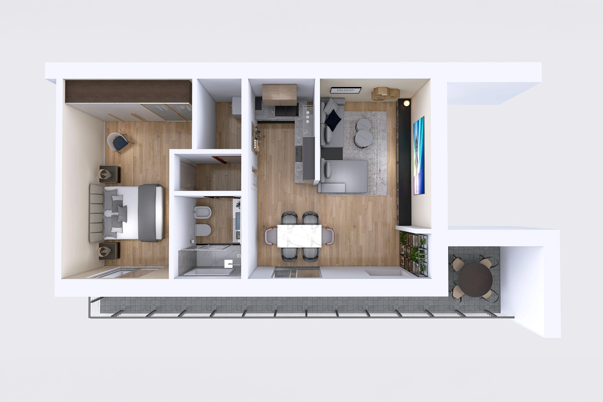 Planimetrie Arredate: Il Segreto per Vendere Case velocemente e in modo efficace 1 Planimetria 3D Arredata Bilocale in Via Giussano, Milano | Prosphera